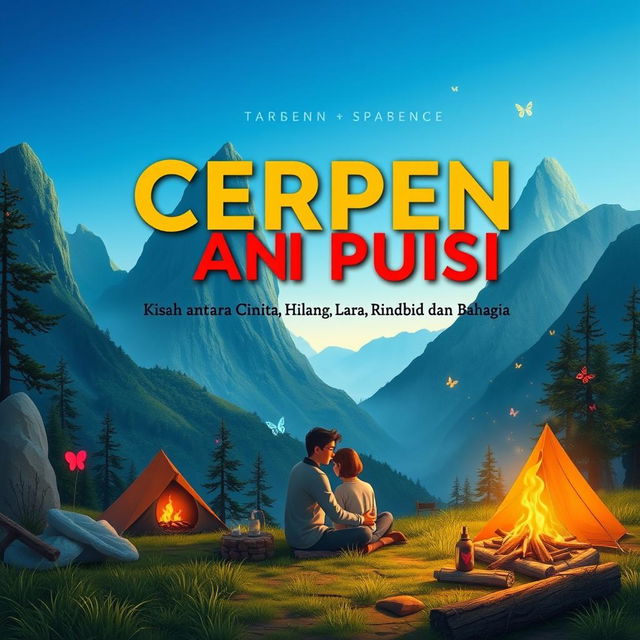 A visually striking book cover design for 'CERPEN DAN PUISI, Kisah antara Cinta, Hilang, Lara, Rindu dan Bahagia', set in a picturesque mountain camping scene