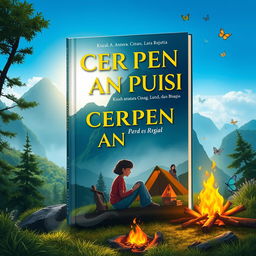 A visually striking book cover design for 'CERPEN DAN PUISI, Kisah antara Cinta, Hilang, Lara, Rindu dan Bahagia', set in a picturesque mountain camping scene