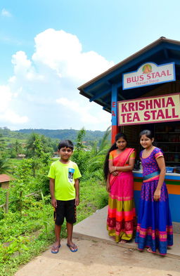 A vibrant scene at a village bus stop showcasing a young boy and two girls