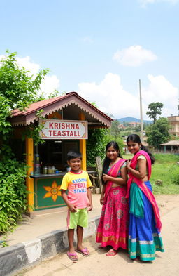 A vibrant scene at a village bus stop showcasing a young boy and two girls