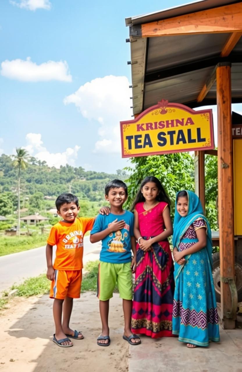 A vibrant scene at a village bus stop showcasing a young boy and two girls