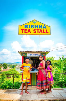 A vibrant scene at a village bus stop showcasing a young boy and two girls