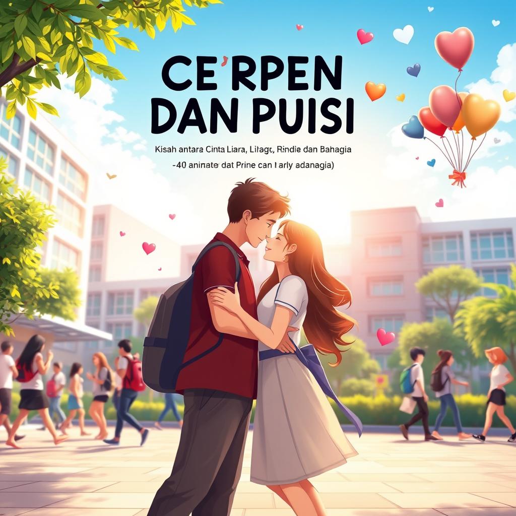 A vibrant book cover design for 'CERPEN DAN PUISI, Kisah antara Cinta, Hilang, Lara, Rindu dan Bahagia', set in a dynamic school and campus environment