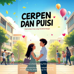 A vibrant book cover design for 'CERPEN DAN PUISI, Kisah antara Cinta, Hilang, Lara, Rindu dan Bahagia', set in a dynamic school and campus environment