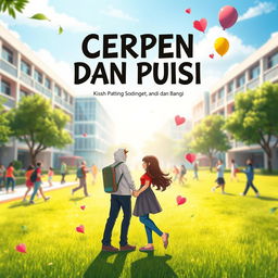 A vibrant book cover design for 'CERPEN DAN PUISI, Kisah antara Cinta, Hilang, Lara, Rindu dan Bahagia', set in a dynamic school and campus environment