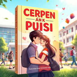 A vibrant book cover design for 'CERPEN DAN PUISI, Kisah antara Cinta, Hilang, Lara, Rindu dan Bahagia', set in a dynamic school and campus environment