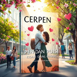 An engaging book cover design for 'CERPEN DAN PUISI, Kisah antara Cinta, Hilang, Lara, Rindu dan Bahagia', set in a vibrant campus environment