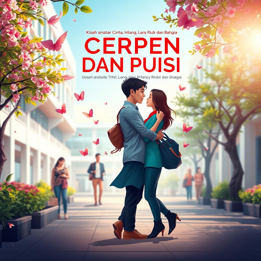 An engaging book cover design for 'CERPEN DAN PUISI, Kisah antara Cinta, Hilang, Lara, Rindu dan Bahagia', set in a vibrant campus environment