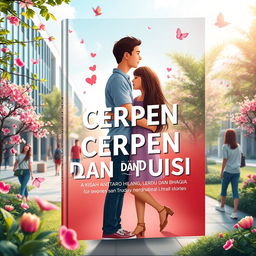 An engaging book cover design for 'CERPEN DAN PUISI, Kisah antara Cinta, Hilang, Lara, Rindu dan Bahagia', set in a vibrant campus environment