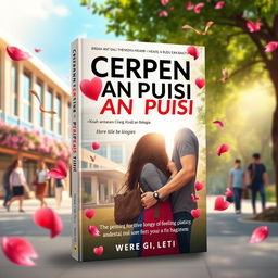 An engaging book cover design for 'CERPEN DAN PUISI, Kisah antara Cinta, Hilang, Lara, Rindu dan Bahagia', set in a vibrant campus environment