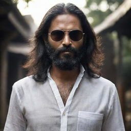 An Indian man with longer hair and fuller beard, wearing a loose shirt and sunglasses, set against a darker, mystic setting