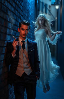 A dashing young man dressed as a 1920s gangster, with slicked-back hair and a tailored pinstripe suit, holding a cigarette and leaning against a brick wall in an urban alley