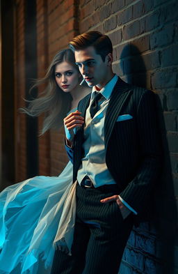 A dashing young man dressed as a 1920s gangster, with slicked-back hair and a tailored pinstripe suit, holding a cigarette and leaning against a brick wall in an urban alley