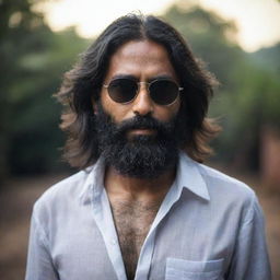 An Indian man with longer hair and fuller beard, wearing a loose shirt and sunglasses, set against a darker, mystic setting