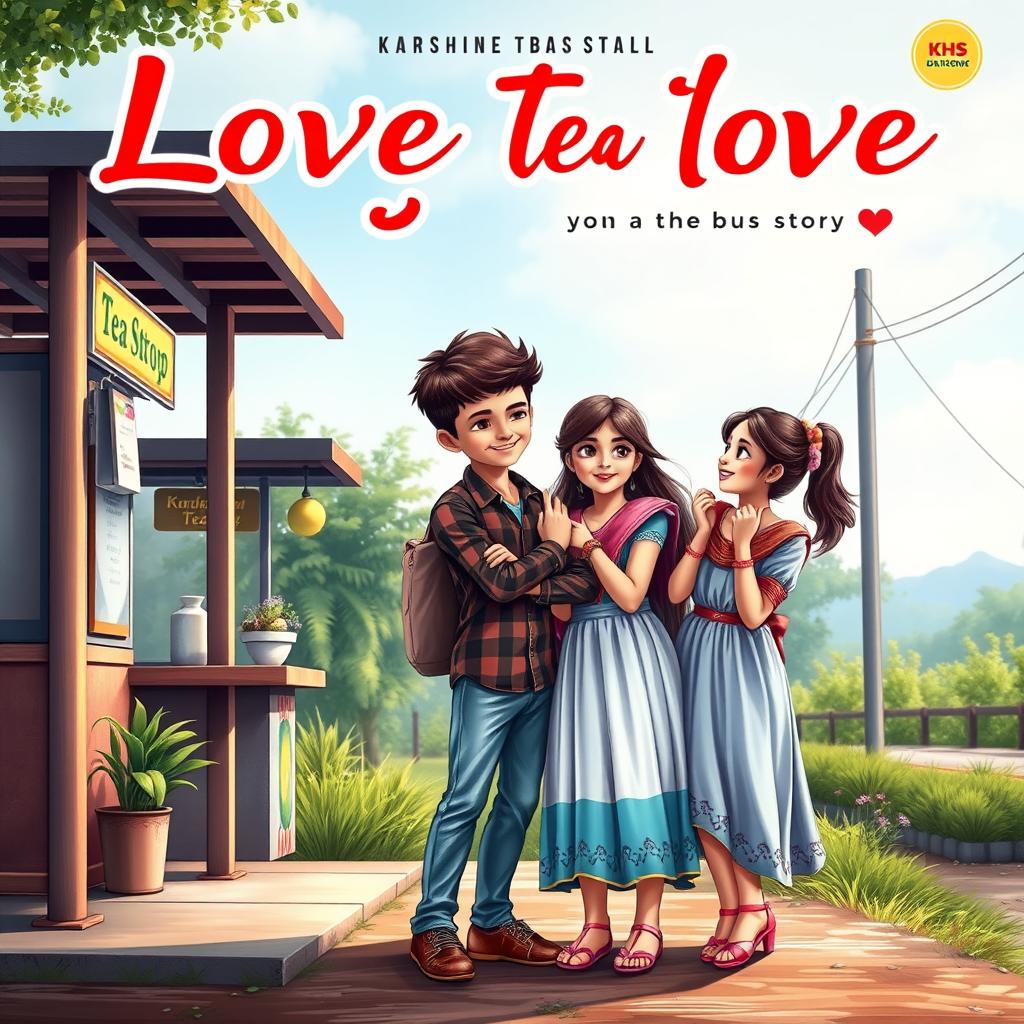 A romantic cover design for a love story featuring a young boy and two young girls at a village bus stop