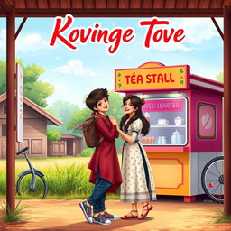 A romantic cover design for a love story featuring a young boy and two young girls at a village bus stop