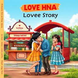 A romantic cover design for a love story featuring a young boy and two young girls at a village bus stop