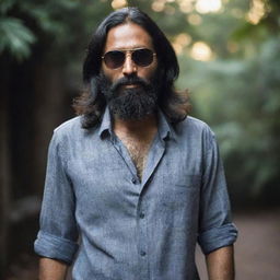 An Indian man with longer hair and fuller beard, wearing a loose shirt and sunglasses, set against a darker, mystic setting