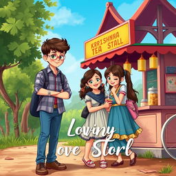 A romantic cover design for a love story featuring a young boy and two young girls at a village bus stop