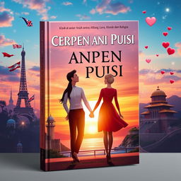 An enchanting book cover design for 'CERPEN DAN PUISI, Kisah antara Cinta, Hilang, Lara, Rindu dan Bahagia', set against the backdrop of an international romance