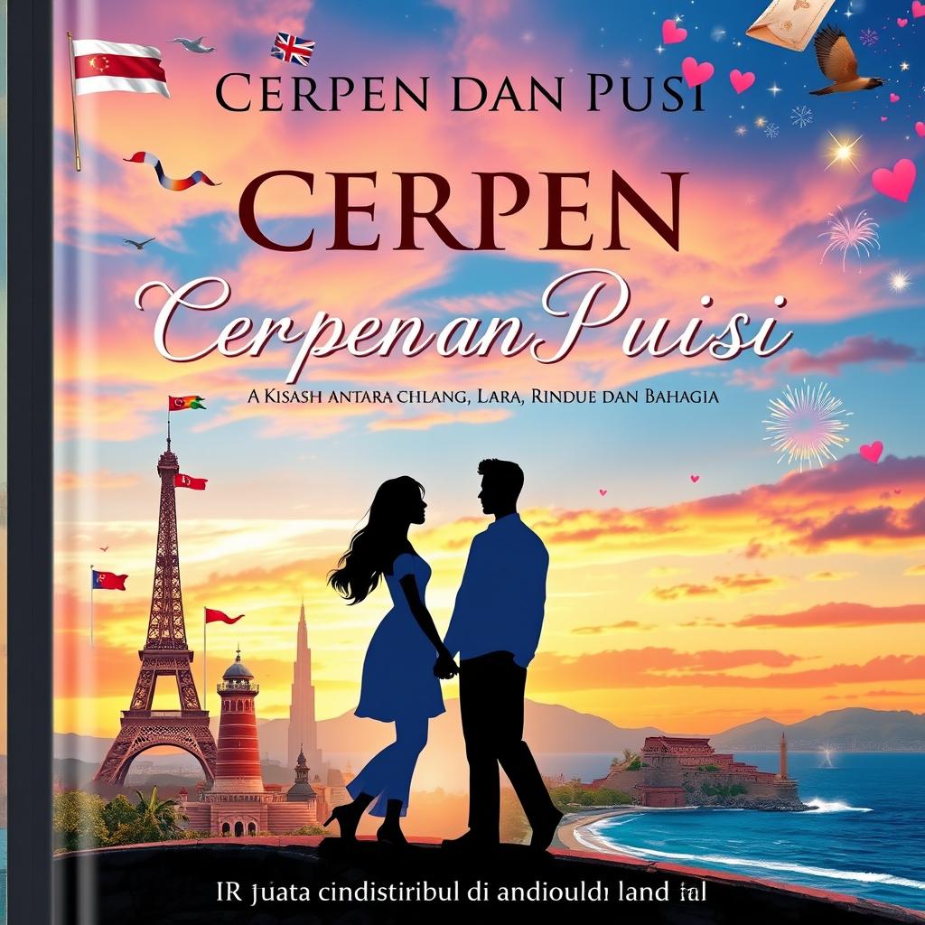 An enchanting book cover design for 'CERPEN DAN PUISI, Kisah antara Cinta, Hilang, Lara, Rindu dan Bahagia', set against the backdrop of an international romance