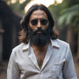 An Indian man with longer hair and fuller beard, wearing a loose shirt and sunglasses, set against a darker, mystic setting