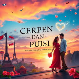 An enchanting book cover design for 'CERPEN DAN PUISI, Kisah antara Cinta, Hilang, Lara, Rindu dan Bahagia', set against the backdrop of an international romance