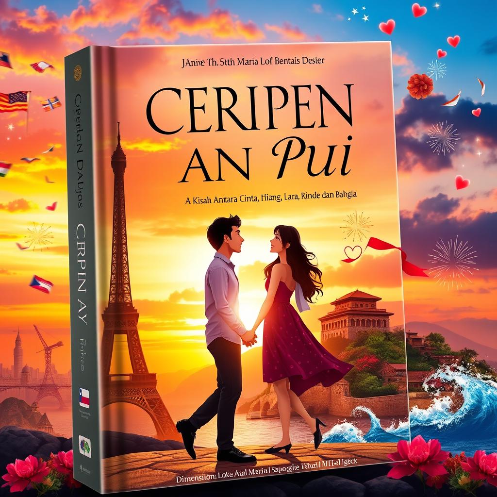 An enchanting book cover design for 'CERPEN DAN PUISI, Kisah antara Cinta, Hilang, Lara, Rindu dan Bahagia', set against the backdrop of an international romance