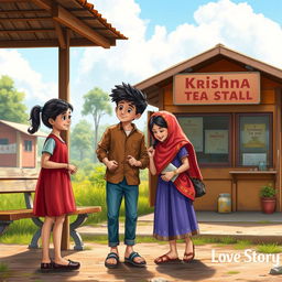 A realistic depiction of a love story featuring a young boy and two young girls at a village bus stop