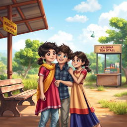 A realistic depiction of a love story featuring a young boy and two young girls at a village bus stop