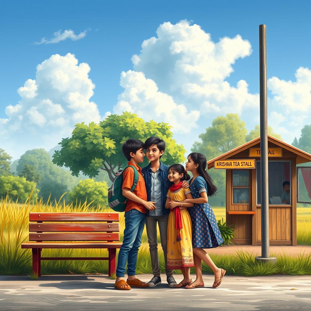 A realistic depiction of a love story featuring a young boy and two young girls at a village bus stop