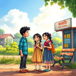 A realistic depiction of a love story featuring a young boy and two young girls at a village bus stop