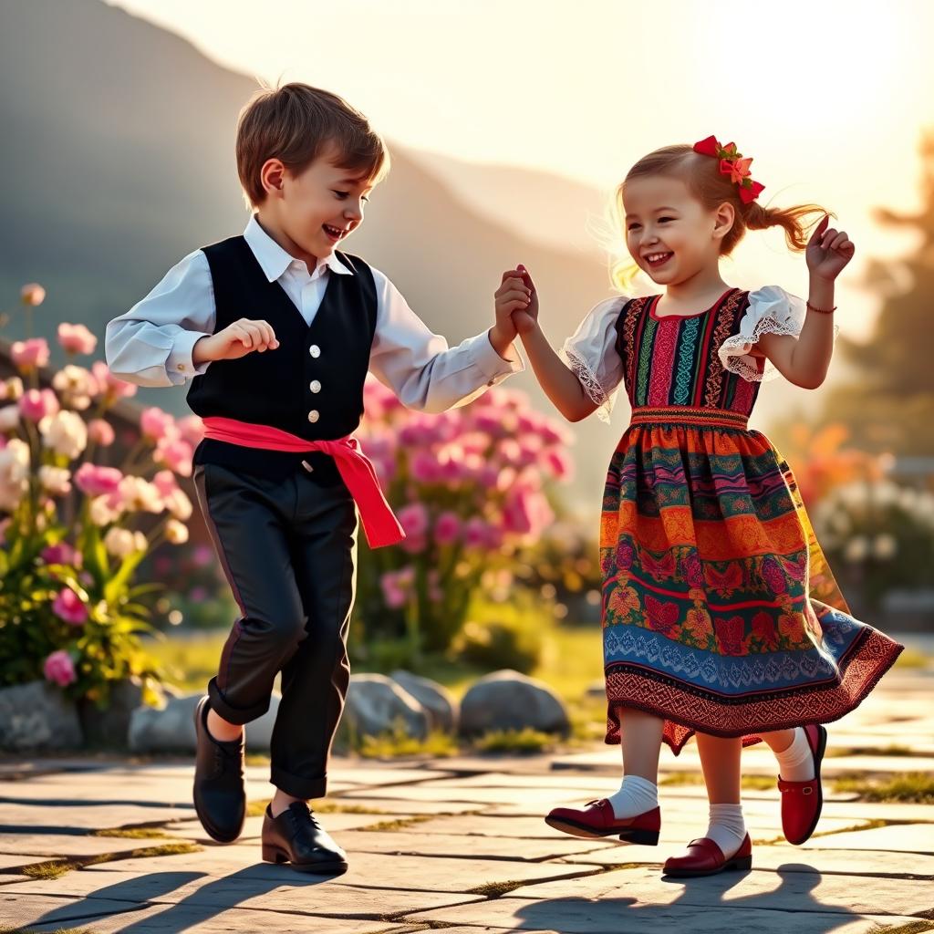 A lively scene depicting two children, a boy and a girl, joyfully dancing the Lezginka together