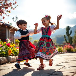 A lively scene depicting two children, a boy and a girl, joyfully dancing the Lezginka together