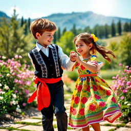 A lively scene depicting two children, a boy and a girl, joyfully dancing the Lezginka together