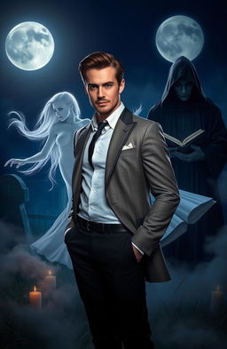 A dashing man dressed in a stylish, tailored suit, with a confident expression, standing in a misty, moonlit graveyard