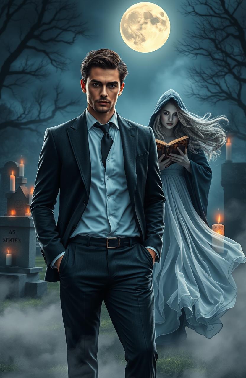 A dashing man dressed in a stylish, tailored suit, with a confident expression, standing in a misty, moonlit graveyard