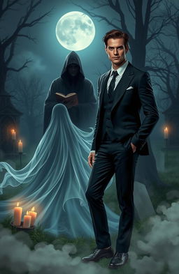 A dashing man dressed in a stylish, tailored suit, with a confident expression, standing in a misty, moonlit graveyard