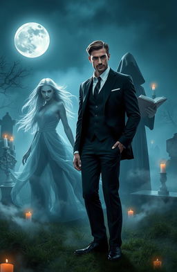 A dashing man dressed in a stylish, tailored suit, with a confident expression, standing in a misty, moonlit graveyard