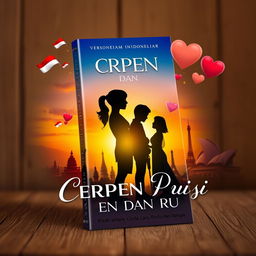 A captivating book cover design for 'CERPEN DAN PUISI, Kisah antara Cinta, Hilang, Lara, Rindu dan Bahagia', reflecting an international love story between Indonesia and another country