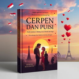 A captivating book cover design for 'CERPEN DAN PUISI, Kisah antara Cinta, Hilang, Lara, Rindu dan Bahagia', reflecting an international love story between Indonesia and another country