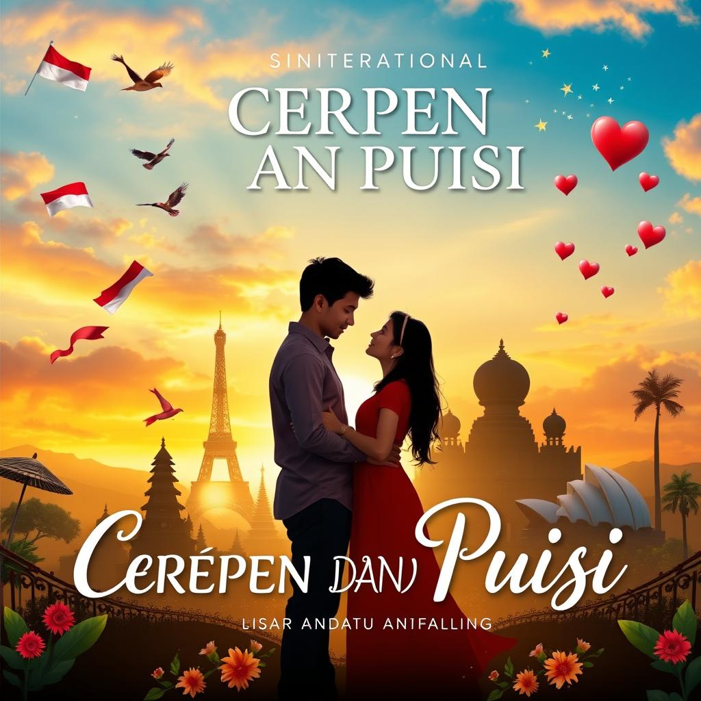 A captivating book cover design for 'CERPEN DAN PUISI, Kisah antara Cinta, Hilang, Lara, Rindu dan Bahagia', reflecting an international love story between Indonesia and another country