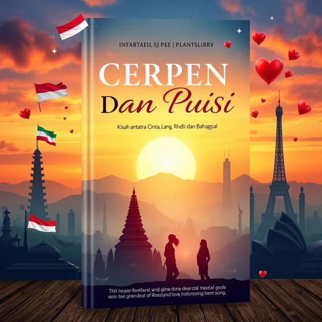 A captivating book cover design for 'CERPEN DAN PUISI, Kisah antara Cinta, Hilang, Lara, Rindu dan Bahagia', reflecting an international love story between Indonesia and another country