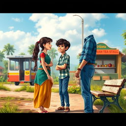 A realistic scene depicting a love story featuring a young boy and two young girls at a village bus stop