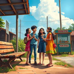 A realistic scene depicting a love story featuring a young boy and two young girls at a village bus stop