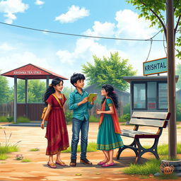 A realistic scene depicting a love story featuring a young boy and two young girls at a village bus stop