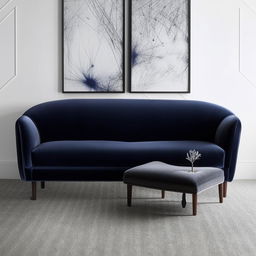 A modern living room showcasing a plush navy blue velvet sofa and a complementary grey velvet chair.