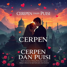 A captivating book cover design for 'CERPEN DAN PUISI, Kisah antara Cinta, Hilang, Lara, Rindu dan Bahagia', illustrating a cross-cultural love story between Indonesia and another country