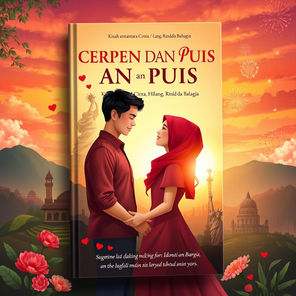 A captivating book cover design for 'CERPEN DAN PUISI, Kisah antara Cinta, Hilang, Lara, Rindu dan Bahagia', illustrating a cross-cultural love story between Indonesia and another country