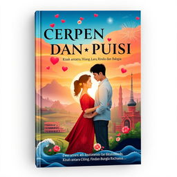 A captivating book cover design for 'CERPEN DAN PUISI, Kisah antara Cinta, Hilang, Lara, Rindu dan Bahagia', illustrating a cross-cultural love story between Indonesia and another country